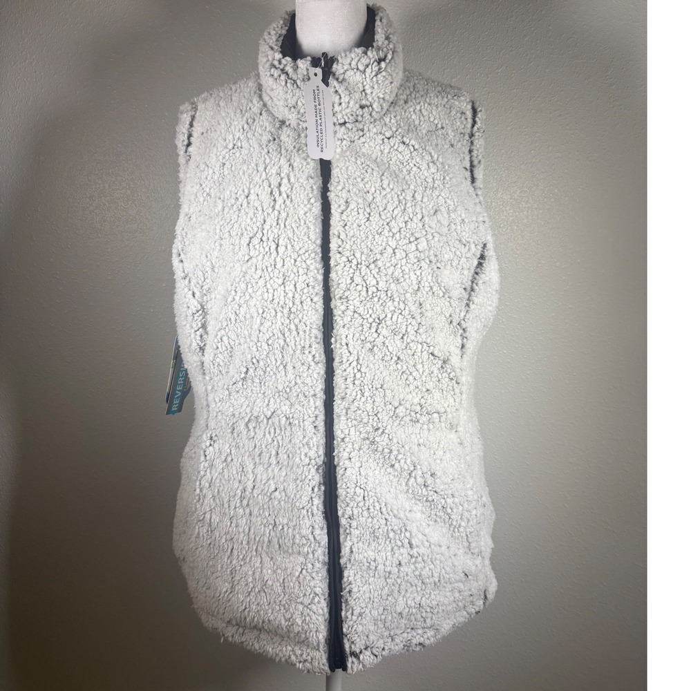 Free Country Reversible Sherpa Puffer Vest Womens Large Grey Black Winter Coat